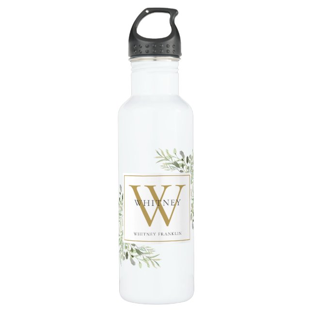 Elegant Modern Greenery Gold Monogram Stainless Steel Water Bottle (Front)