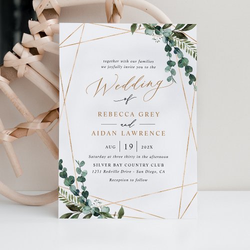 Elegant Modern Greenery Gold Wedding Invitation