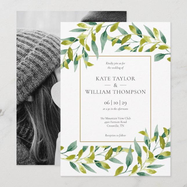 Elegant Modern Greenery Photo Wedding Invitation (Front/Back)