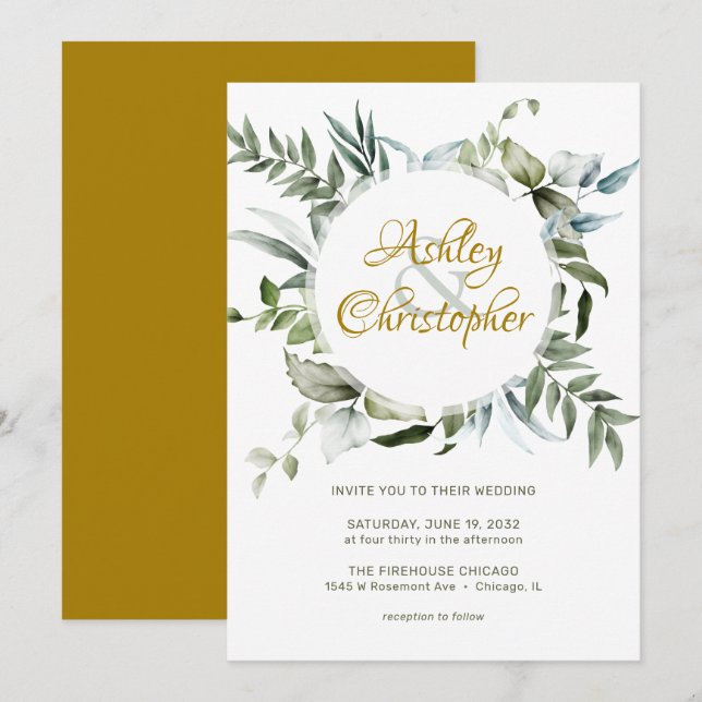 Elegant Modern Greenery Script Wedding Invitation (Front/Back)