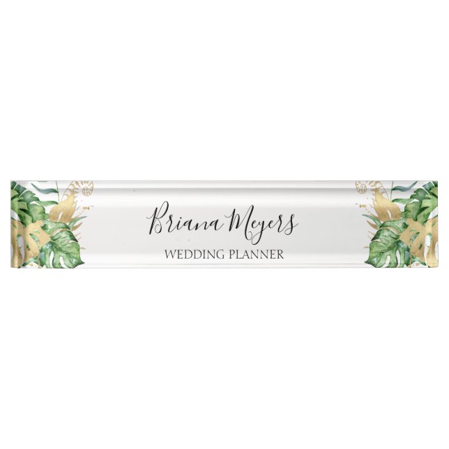 Elegant Modern Greenery Tropical Leaves Business Desk Name Plate (Front)