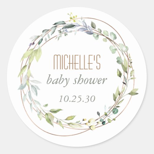 Elegant Modern Greenery Watercolor Baby Shower Classic Round Sticker