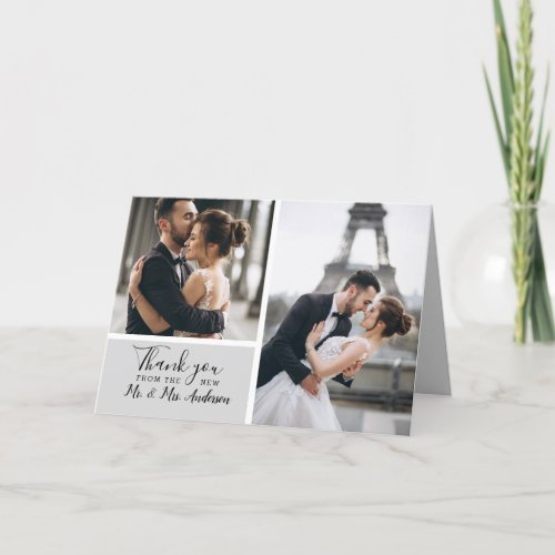 Elegant Modern Grey 2 Photo Collage Wedding Thank You Card