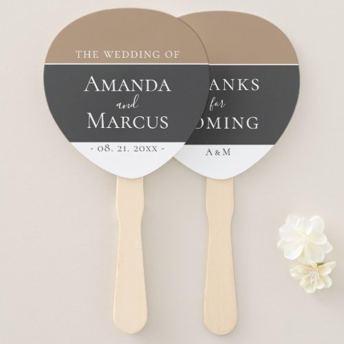 Elegant Modern Grey Beige Keepsake Wedding Hand Fan - Elegant and modern grey and beige wedding hand fan. The design is in elegant dark grey, beige and white colors and modern script. Welcome and thank your wedding guests. Great as a wedding keepsake for you and your guests. Personalize all the text on the fan.