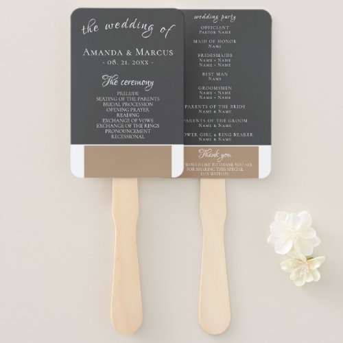 Elegant Modern Grey Beige Wedding Program Hand Fan - Elegant and modern grey beige wedding program hand fan. The design is in elegant dark grey, beige and white colors and modern script. Personalize all the text on the fan.