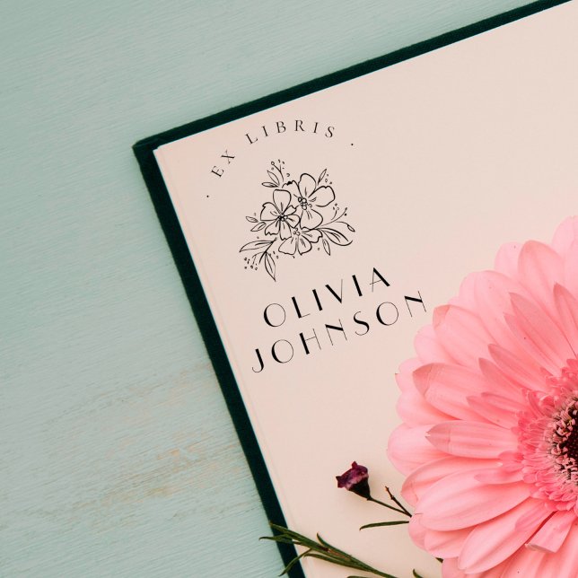 Elegant Modern Hand-drawn Floral Ex Libris Custom Rubber Stamp (Creator Uploaded)