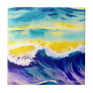 Elegant modern hand painted Ocean Wave Sunlight Ceramic Tile