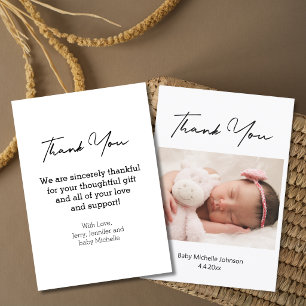 elegant modern hand script newborn girl photo  thank you card