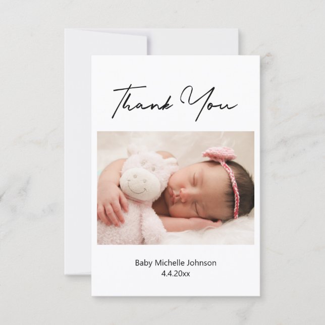 elegant modern hand script newborn girl photo  thank you card (Front)