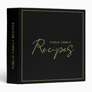 Elegant Modern Handwritten Black Gold Recipe 3 Ring Binder
