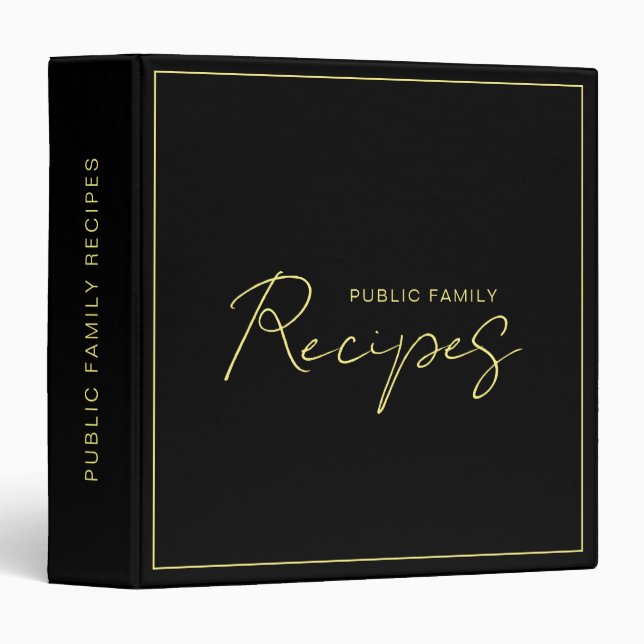 Elegant Modern Handwritten Black Gold Recipe 3 Ring Binder (Front/Spine)