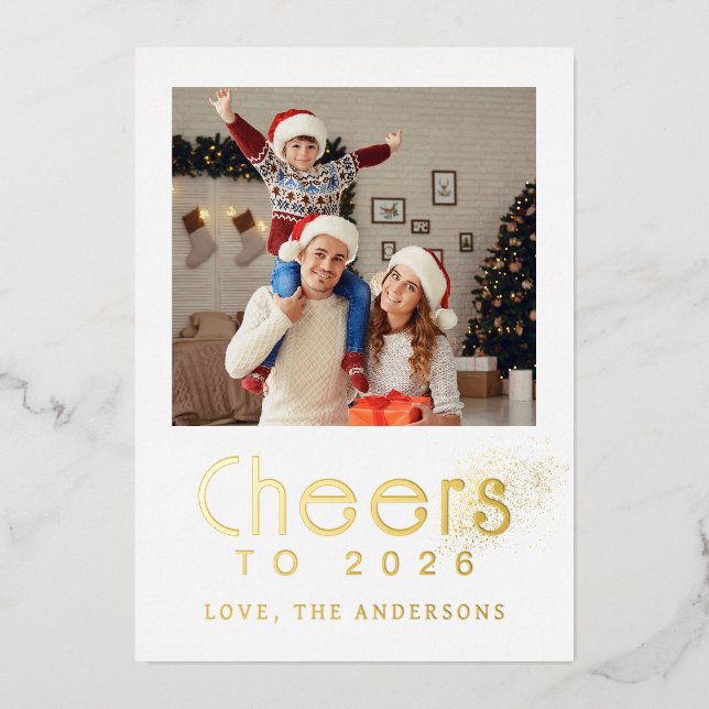 Elegant Modern Happy New Year 2026 Family Photo Foil Holiday Card (Front)