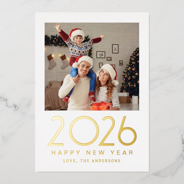 Elegant Modern Happy New Year 2026 Family Photo Foil Holiday Card (Front)