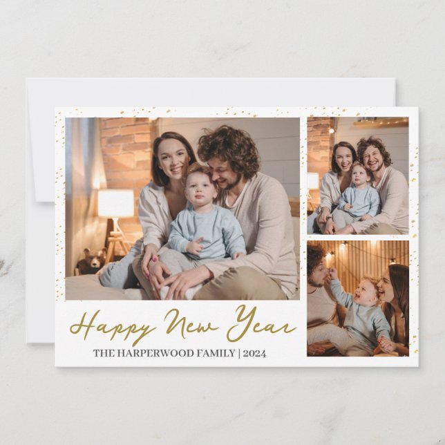 Elegant Modern Happy New Year 3 Multi Photo Holiday Card (Front)