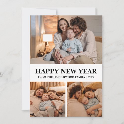 Elegant Modern Happy New Year 3 Photo Holiday Card
