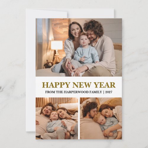 Elegant Modern Happy New Year 3 Photo Holiday Card