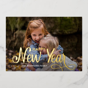 Elegant Modern Happy New Year 3 Photos Script Fo Foil Holiday Card