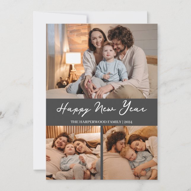Elegant Modern Happy New Year Black 3 Collage Holiday Card (Front)