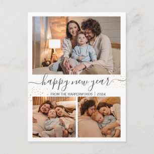 Elegant Modern Happy New Year Black 3 Collage Holiday Postcard