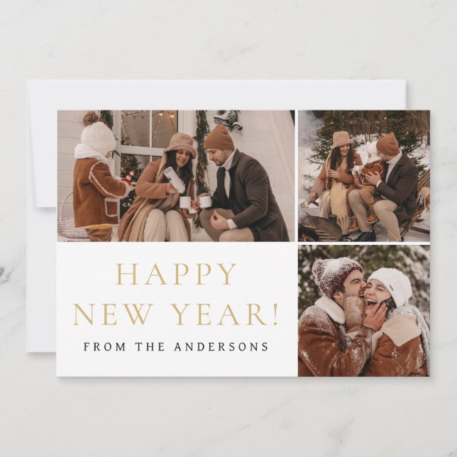 Elegant Modern Happy New Year Family 3 Photo  Holiday Card (Front)