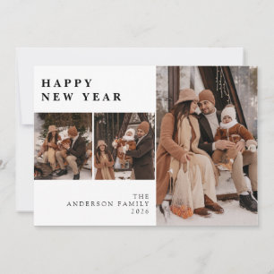 Elegant Modern Happy New Year Family 3 Photo Holiday Card