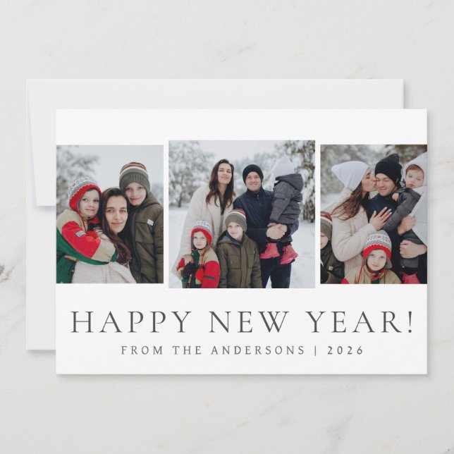 Elegant Modern Happy New Year Family 3 Photo Holiday Card (Front)