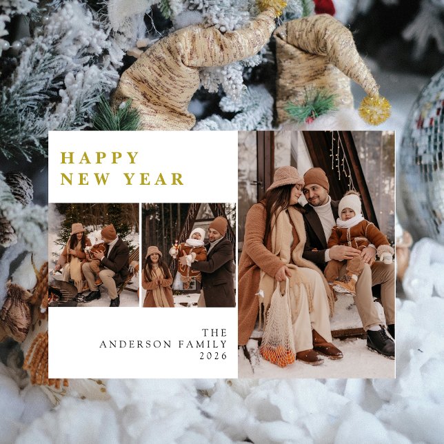 Elegant Modern Happy New Year Family 3 Photo  Holiday Card (Creator Uploaded)