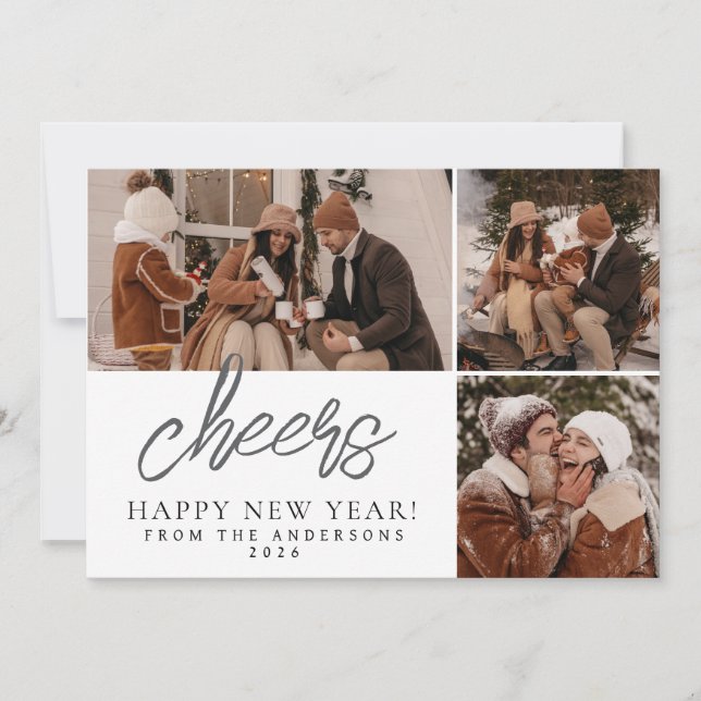 Elegant Modern Happy New Year Family 3 Photo  Holiday Card (Front)