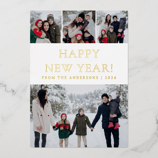 Elegant Modern Happy New Year Family 4 Photo Foil Holiday Card (Front)