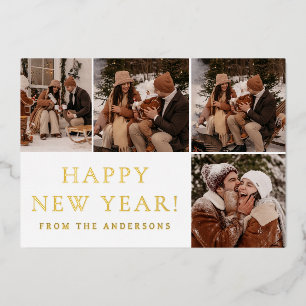 Elegant Modern Happy New Year Family 4 Photo Foil Holiday Card