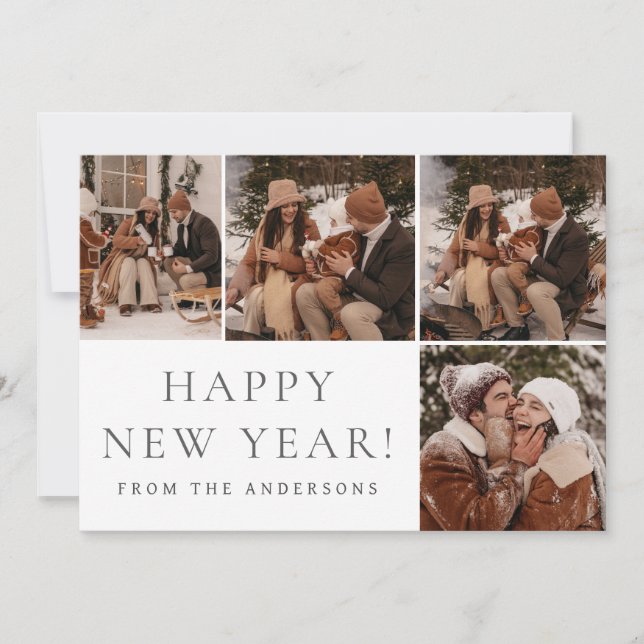 Elegant Modern Happy New Year Family 4 Photo Holid Holiday Card (Front)