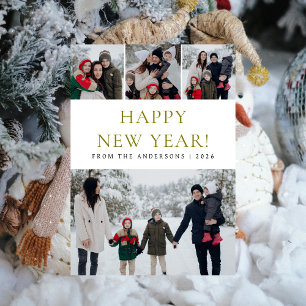 Elegant Modern Happy New Year Family 4 Photo Holiday Card