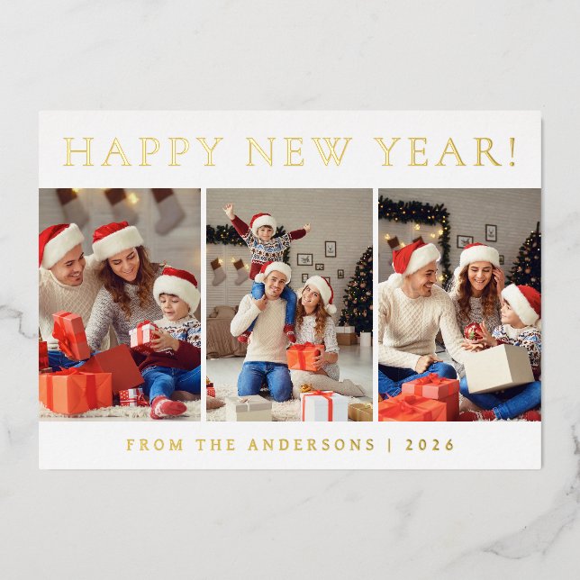 Elegant Modern Happy New Year Family Photo Foil Holiday Card (Front)