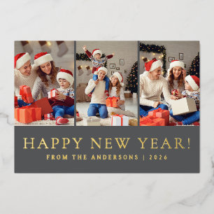 Elegant Modern Happy New Year Family Photo Foil Holiday Card