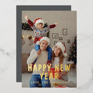 Elegant Modern Happy New Year Family Photo Foil Holiday Card