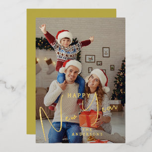 Elegant Modern Happy New Year Family Photo Foil Holiday Card