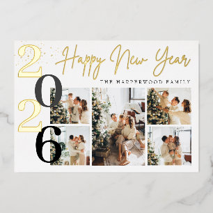 Elegant Modern Happy New Year Photo Collage Foil Holiday Card