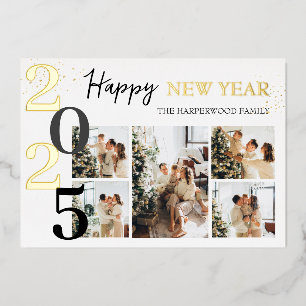 Elegant Modern Happy New Year Photo Collage Foil Holiday Card