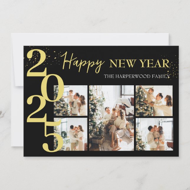Elegant Modern Happy New Year Photo Collage Holiday Card (Front)