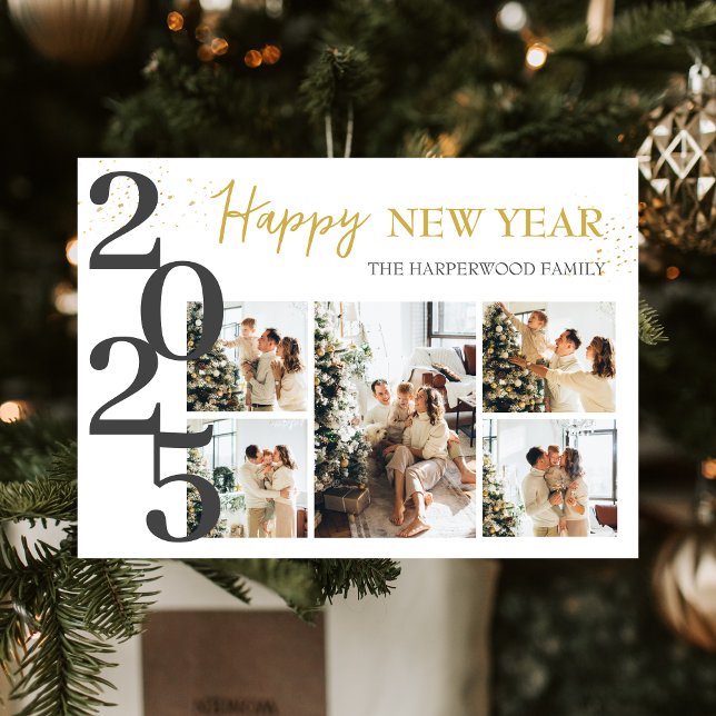 Elegant Modern Happy New Year Photo Collage Holiday Card (Creator Uploaded)