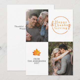 Elegant Modern Happy Thanksgiving Autumn 2 Photo Holiday Card