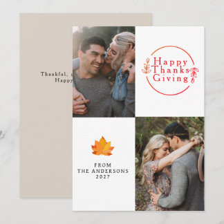 Elegant Modern Happy Thanksgiving Autumn 2 Photo Holiday Card
