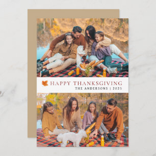 Elegant Modern Happy Thanksgiving Autumn 2 Photo Holiday Card