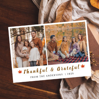 Elegant Modern Happy Thanksgiving Autumn 2 Photo Holiday Card