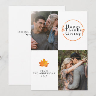 Elegant Modern Happy Thanksgiving Autumn 2 Photo Holiday Card