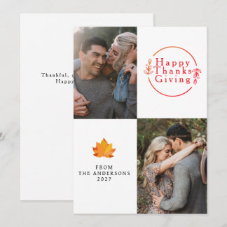 Elegant Modern Happy Thanksgiving Autumn 2 Photo Holiday Card