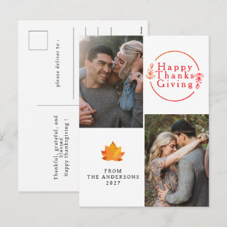 Elegant Modern Happy Thanksgiving Autumn 2 Photo Holiday Postcard