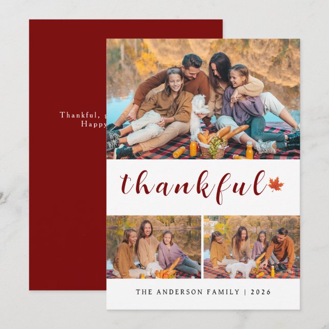 Elegant Modern Happy Thanksgiving Autumn 3 Photo Holiday Card (Front/Back)