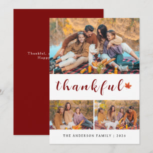 Elegant Modern Happy Thanksgiving Autumn 3 Photo Holiday Card