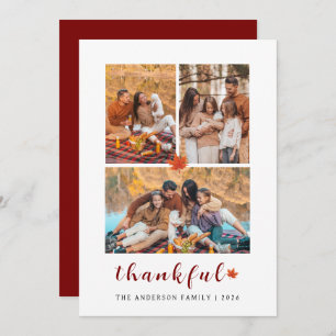 Elegant Modern Happy Thanksgiving Autumn 3 Photo Holiday Card